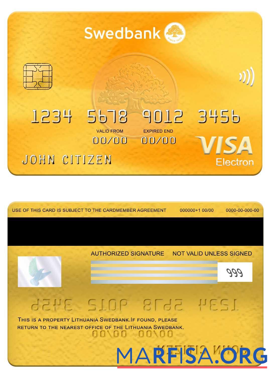 Printable Lithuania Swedbank visa electron card example